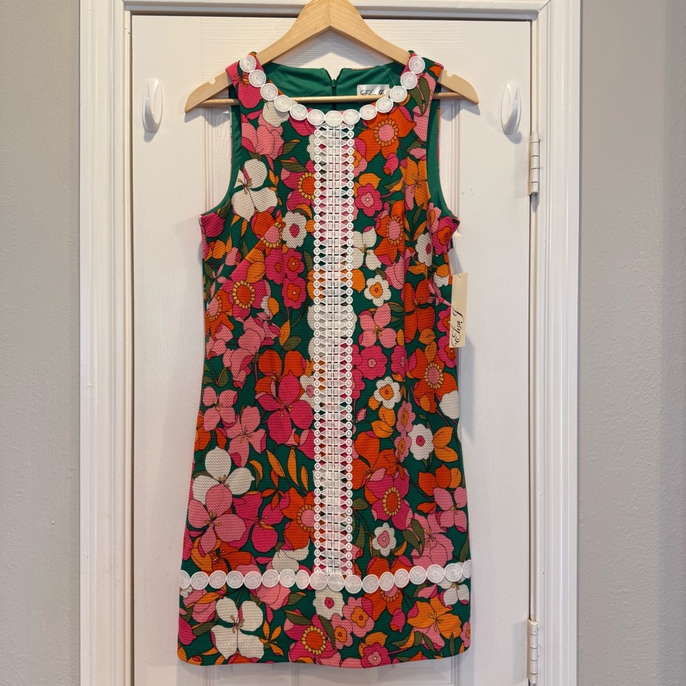 Eliza J Mod Shift Style Dress Women’s Sz 8 Green Floral Flowers Lace Colorful - Picture 2 of 9